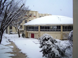 雪の降り積もった仁短キャンパスの写真