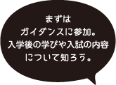 まずはガイダンスに参加。入学後の学びや入試の内容について知ろう。